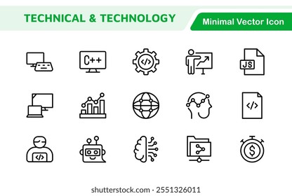 Conjunto de Ícones de Tecnologia e Desenvolvimento. Ícones modernos e inovadores feitos sob medida para aplicativos e projetos de tecnologia, perfeitos para exibir ferramentas de desenvolvimento, soluções de software e tecnologias de ponta.