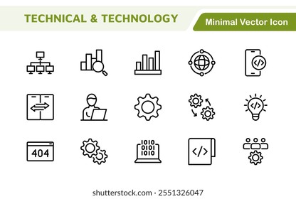 Technology and Development Icon Set. Modern and innovative icons tailored for tech apps and projects, perfect for showcasing development tools, software solutions, and cutting-edge technologies.