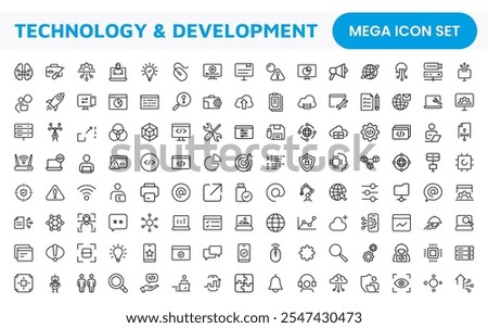 Technology and Development Icon Set. Modern and innovative icons tailored for tech apps and projects, perfect for showcasing development tools, software solutions, and cutting-edge technologies.