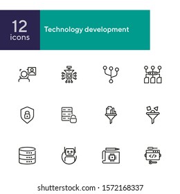 Technology development line icon set. Computer service, bot, database. IT concept. Can be used for topics like information technology, robotic science, big data