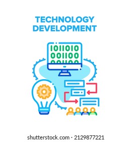 Technology Development Vector Icon Concept. Programmer With Interesting Idea Developing Work Process Hierarchy And Programming Code, Software Technology Development It Business Color Illustration