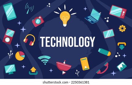 Technology Device Background with doodle images of various portable electronic devices and gadgets vector illustration