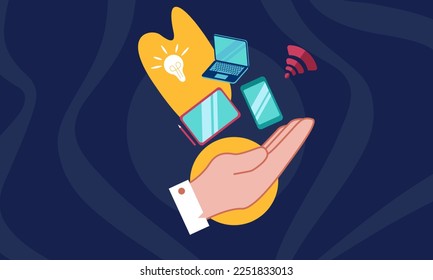 Technology Device Background with doodle images of various portable electronic devices and gadgets vector illustration