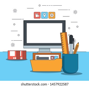 technology device electronic modern gadget computer screen with work and study elements cartoon vector illustration graphic design