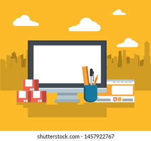technology device electronic modern gadget computer screen with work and study elements cartoon vector illustration graphic design