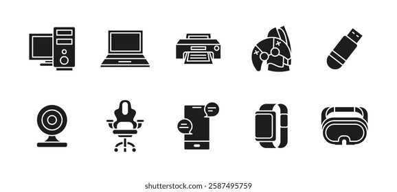 Technology and device icon set black. Computer, laptop and printer vector illustration silhouette. USB, webcam and smartphone glyphs concept. Smartwatch and gaming accessories symbols.