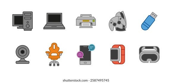 Technology and device icon set colored. Computer, laptop and printer vector illustration. USB, webcam and smartphone concept. Smartwatch and gaming accessories colorful symbols.