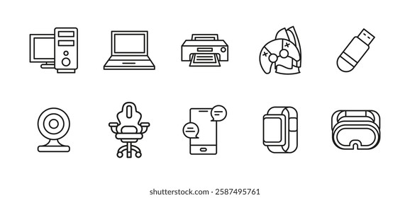 Technology and device icon set. Computer, laptop and printer vector illustration. USB, webcam and smartphone concept. Smartwatch and gaming accessories symbols.