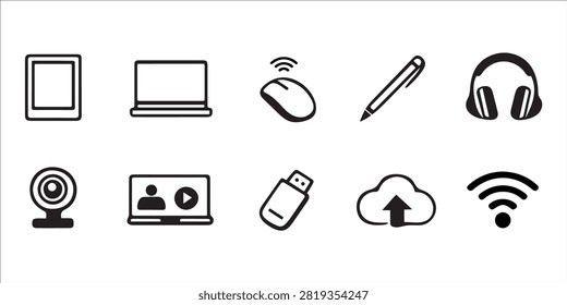 Technology Device Icons Set - Smartphone, Laptop, Wireless Mouse, Pen, Headphones, Webcam, Video Call, USB Flash Drive, Cloud Upload and WiFi Vector Collection