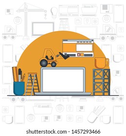 Technology Device Laptop Maintenance Under Website Contruction And Engineer Support With Heaavy Construction Tools Cartoon Vector Illustration Graphic Design