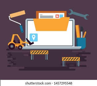 Technology Device Laptop Maintenance Under Website Contruction And Engineer Support With Heaavy Construction Tools Cartoon Vector Illustration Graphic Design