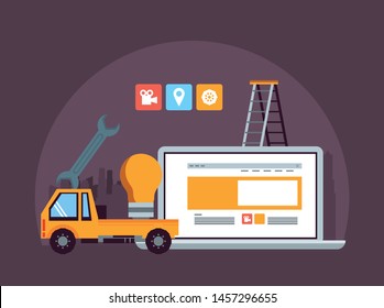 Technology Device Laptop Maintenance Under Website Contruction And Engineer Support With Heaavy Construction Tools Cartoon Vector Illustration Graphic Design