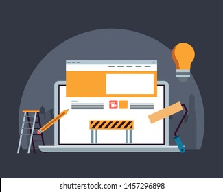 Technology Device Laptop Maintenance Under Website Contruction And Engineer Support With Heaavy Construction Tools Cartoon Vector Illustration Graphic Design