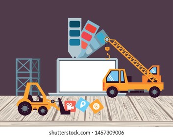 Technology Device Laptop Maintenance Under Website Contruction And Engineer Support With Heaavy Construction Tools Cartoon Vector Illustration Graphic Design