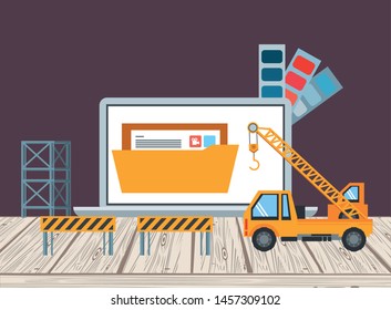 Technology Device Laptop Maintenance Under Website Contruction And Engineer Support With Heaavy Construction Tools Cartoon Vector Illustration Graphic Design