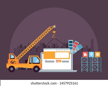 Technology Device Laptop Maintenance Under Website Contruction And Engineer Support With Heaavy Construction Tools Cartoon Vector Illustration Graphic Design