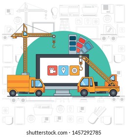 technology device maintenance support computer screen under website construction with engineer heavy tools cartoon vector illustration graphic design