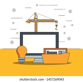 technology device maintenance support concept fixing computer screen with crane and desk work under website constrution cartoon vector illustration graphic design