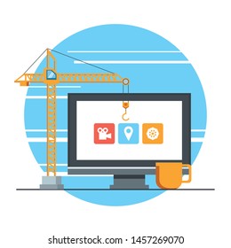 technology device maintenance support concept fixing computer screen with crane and desk work under website constrution cartoon vector illustration graphic design