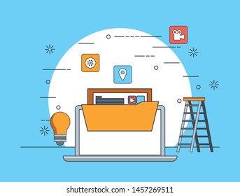 technology device maintenance support concept laptop under website construction with stairs and lightbulb idea cartoon vector illustration graphic design