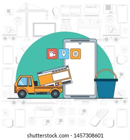 technology device maintenance support smartphone mobile gadget under website construction with heavy engineer tools cartoon vector illustration graphic design