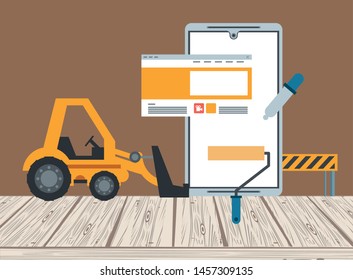 technology device maintenance support smartphone mobile gadget under website construction with heavy engineer tools cartoon vector illustration graphic design