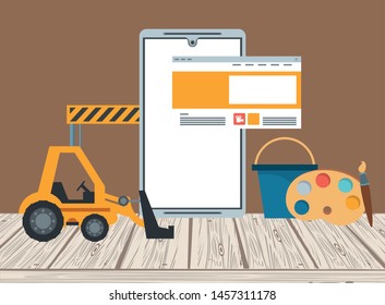 technology device maintenance support smartphone mobile gadget under website construction with heavy engineer tools cartoon. vector illustration. 