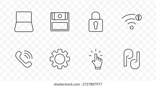 Symbol für Technologiegerätesatz. Laptop, Diskette, Vorhängeschloss, WiFi-Alarm, Telefonanruf, Ausrüstung, Tap Hand, Ohrhörer im skizzierten Stil mit transparentem Hintergrund gezeichnet