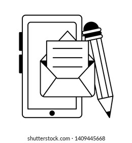 technology device smartphone with elements cartoon vector illustration graphic design in black and white