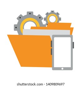 technology device smartphone gears support cartoon vector illustration graphic design