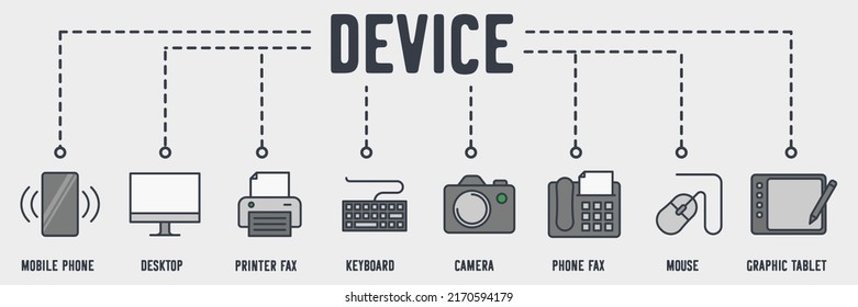 Technology Device web icon. mobile phone, desktop, printer fax, keyboard, camera, phone fax, mouse, graphic tablet vector illustration concept.