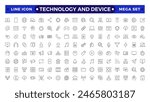 Technology and Device web icons in outline style. Computer monitor, smartphone, tablet, laptop, Mail, Search, Cloud, Media icon.Big UI icon set in a flat design. 