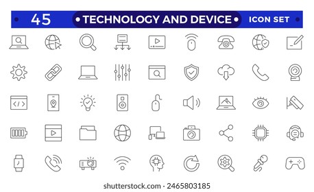 Technology and Device web icons in outline style. Computer monitor, smartphone, tablet, laptop, Mail, Search, Cloud, Media icon.Big UI icon set in a flat design. 