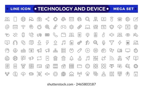 Technology and Device web icons in outline style. Computer monitor, smartphone, tablet, laptop, Mail, Search, Cloud, Media icon.Big UI icon set in a flat design. 