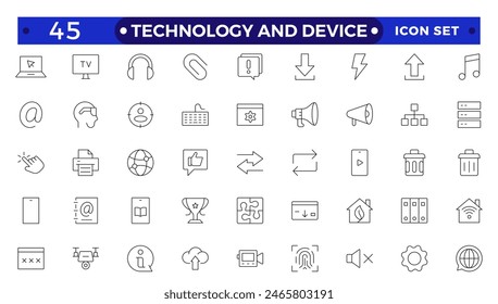 Technology and Device web icons in outline style. Computer monitor, smartphone, tablet, laptop, Mail, Search, Cloud, Media icon.Big UI icon set in a flat design. 