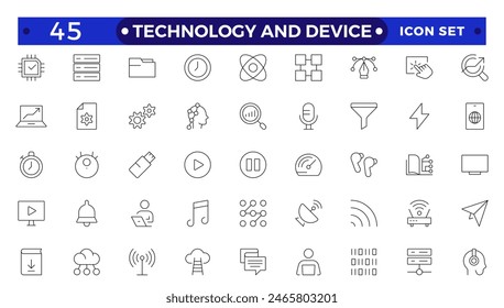 Technology and Device web icons in outline style. Computer monitor, smartphone, tablet, laptop, Mail, Search, Cloud, Media icon.Big UI icon set in a flat design. 