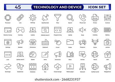 Technology and Device web icons in outline style. Computer monitor, smartphone, tablet, laptop, Mail, Search, Cloud, Media icon.Big UI icon set in a flat design. 