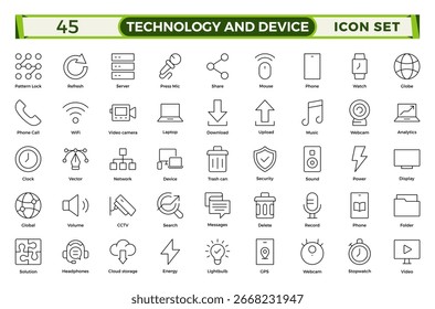 Technology and Device web icons in outline style. Computer monitor, smartphone, tablet, laptop, Mail, Search, Cloud, Media icon.Big UI icon set in a flat design. 