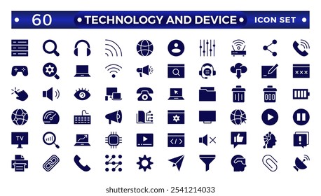 Iconos web de Tecnología y dispositivo en estilo sólido. Monitor de computadora, teléfono inteligente, tableta, computadora portátil, correo, Búsqueda, nube, icono de medios. Icono de interfaz de usuario grande establecido en un diseño plano. 