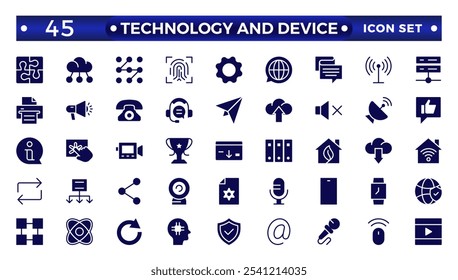 Iconos web de Tecnología y dispositivo en estilo sólido. Monitor de computadora, teléfono inteligente, tableta, computadora portátil, correo, Búsqueda, nube, icono de medios. Icono de interfaz de usuario grande establecido en un diseño plano. 