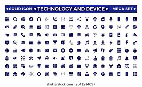 Iconos web de Tecnología y dispositivo en estilo sólido. Monitor de computadora, teléfono inteligente, tableta, computadora portátil, correo, Búsqueda, nube, icono de medios. Icono de interfaz de usuario grande establecido en un diseño plano. 