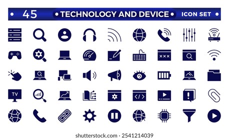 Iconos web de Tecnología y dispositivo en estilo sólido. Monitor de computadora, teléfono inteligente, tableta, computadora portátil, correo, Búsqueda, nube, icono de medios. Icono de interfaz de usuario grande establecido en un diseño plano. 