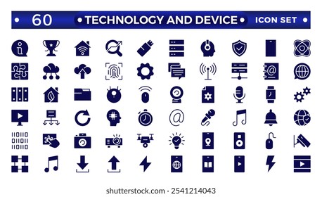 Iconos web de Tecnología y dispositivo en estilo sólido. Monitor de computadora, teléfono inteligente, tableta, computadora portátil, correo, Búsqueda, nube, icono de medios. Icono de interfaz de usuario grande establecido en un diseño plano. 