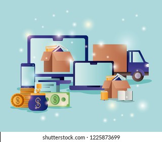 technology devices with ecommerce icons