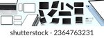 Technology devices with empty display, device screen mockup collection, big realistic set. Mockup at different angles. 3D realistic device in perspective style.  Laptop, tablet, smartphone mockup.