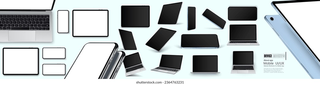 Technology devices with empty display, device screen mockup collection, big realistic set. Mockup at different angles. 3D realistic device in perspective style.  Laptop, tablet, smartphone mockup.