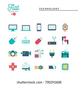 Technology, devices, gadgets and more, flat icons set, vector illustration