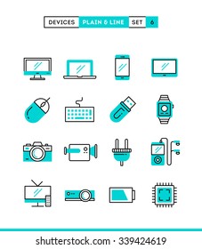 Technology, devices, gadgets and more. Plain and line icons set, flat design, vector illustration