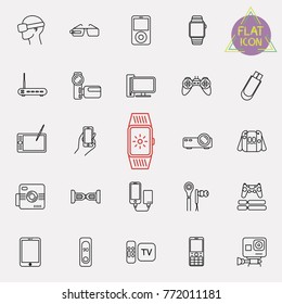 Technology, devices, gadgets and more, thin line icons set, vector illustration