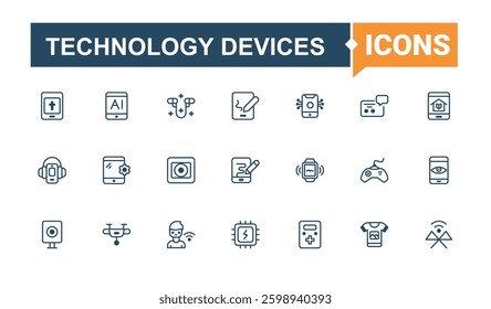 Technology Devices icon set in linear style. Pack of gadget, device, tech, smart device, hardware and more. Tech Gadgets icon set. Line symbol. Vector line and solid icons. Pixel perfect.
